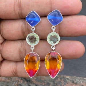 Beautiful Yellow & Pink Ametrine Lemon Quartz Blue Chalcedony 925 Silver Earring - Picture 1 of 9