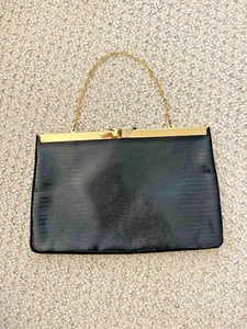 Vintage Etra 1990's Black Leather Clutch Brass Trim, Hidden Chain Strap - Picture 1 of 7