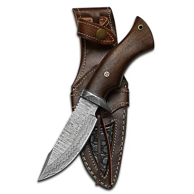 Cuchillo de caza de acero Damasco hecho a mano con funda de cuero - Mejor regalo para hombre Foto 1 de 4