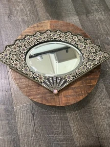 RARE Vintage Enamel On Metal Mirrored Vanity Tray Fan Shaped - Picture 1 of 10