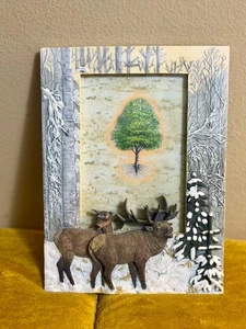 Elch Hirsch verschneite Bäume 3D Harz Bilderrahmen rustikal Hütte Lodge Dekor 4 x 6 - Bild 1 von 5