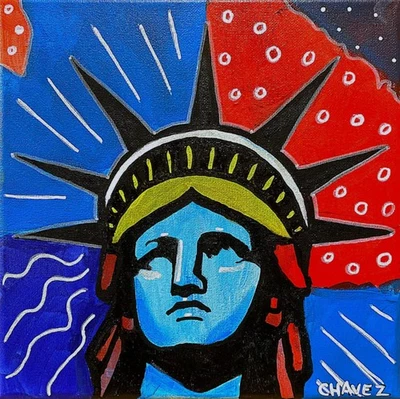 Pintura Arte Pop Estatua de la Libertad Original Bandera Americana Nueva York 10x10 CHÁVEZ Foto 1 de 4
