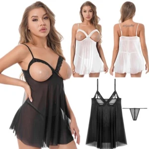 Women's Sheer Night Dress Open Cups Lace Lingerie Mini Nightwear Sleepwear Sexy - Picture 1 of 50