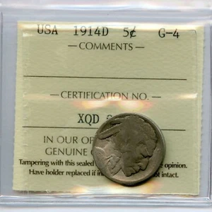 1914D USA Five Cents - ICCS G-4. Better Date C10 - Picture 1 of 2