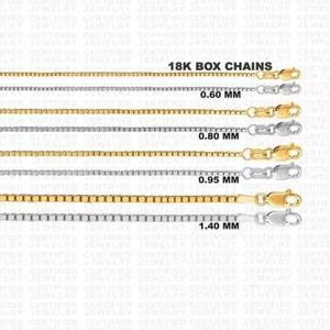 18K Solid Gold Box Chain Necklace, 16" 18" 20" 24" Inch, 0.6mm 0.8mm 1.0mm 1.4mm - Picture 1 of 4