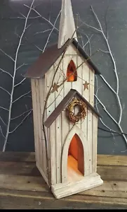 Church , Primitive Church , Church Birdhouse , Aged White , Lighted House - Picture 1 of 3