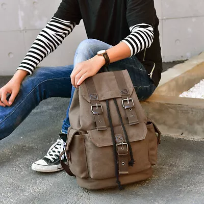 Herren Vintage Canvas Laptop Rucksack Bookbag Outdoor Reiserucksack   Kaffee, - Bild 1 von 4
