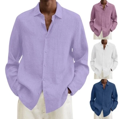 Mens Cotton Linen Long Sleeve Shirt Solid Baggy Button-down Tops T Shirt Blouse, - Image 1 of 4