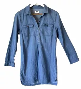 Vecchio abito donna blu navy chambray denim taglia small S manica lunga bottoni tasche - Foto 1 di 9