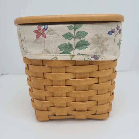 Longaberger Tall Tissue Basket 6.5” with Wood Lid 2001 Plastic & Floral Liner Cover