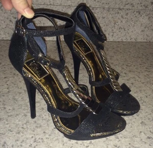 FALCHI Black Gold Metal High Heels Ankle Strap Sandals NEW Womens 5 7 9.5 - Picture 1 of 7