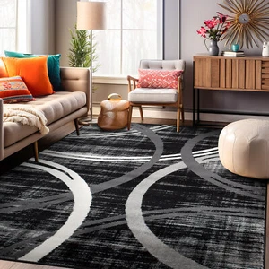 Black Rug Area Rugs Modern Abstract Circles Design Rugs for Living Room 5x7 Rugs - Picture 1 of 10