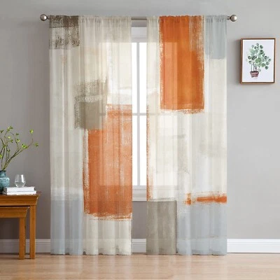 Orange Brown Gray Beige Sheer Curtains 84 Inch Length 2 Panels Set, Abstract ... - Image 1 of 4