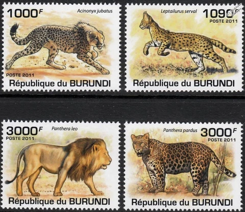 AFRICAN WILD CATS (Cheetah / Serval / Lion / Leopard) Stamp Set (2011 Burundi) Cover