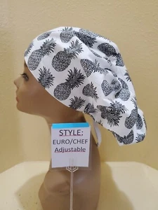 Pineapples (black) Women's Euro/Chef Surgical Scrub Hat/Cap Handmade - Picture 1 of 5