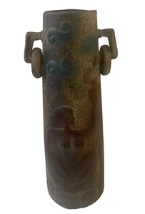 Vintage MCM Modernist Raku Ceramic Vase with Stylized Figure Relief and Handles - Picture 1 of 10