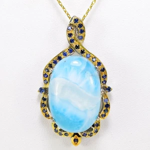 925 STERLING SILVER PENDANT NATURAL BLUE LARIMAR CAB &BLUE SAPPHIRE GEMSTONE - Picture 1 of 10