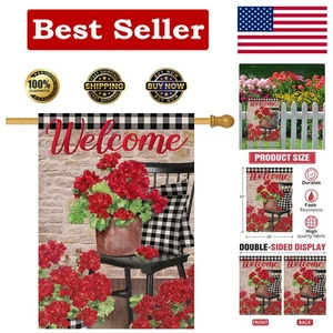 Wetterfeste große Gartenfahne mit roter Geranie und Büffel kariert - 28x40 - Bild 1 von 8