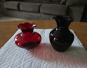 Vintage Royal Ruby Red Glass Bud Vases with Ruffled Edge 3.25" & 4.25" Tall - Picture 1 of 6