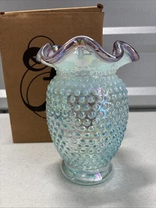 VTG FENTON ART GLASS BLUE OPALESCENT HOBNAIL VASE RUFFLE TOP 6.5”TALL *NEW* - Picture 1 of 12