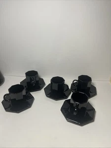 5 Vintage Arcoroc Octime Noir Black Octagon Demitasse Espresso Cups & Saucers - Picture 1 of 4