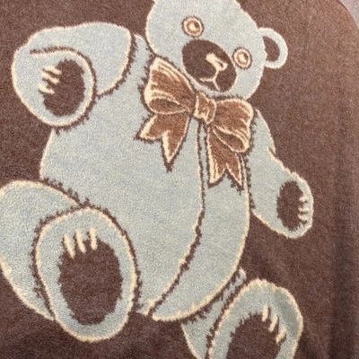 VTG Crown Crafts Vuteks Blue Brown Bear Reversible Throw Blanket 60 x 80 Xlnt - Image 1 of 4