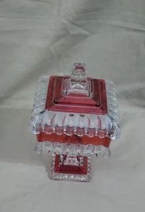 Westmoreland VTG Clear Ruby Red Flash Glass Pedestal Candy Dish with Lid 5X5X10 - Picture 1 of 3