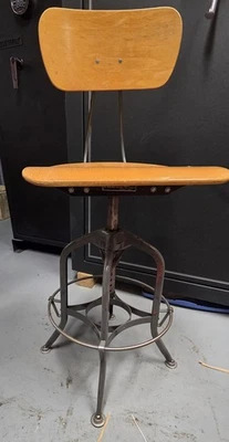 Vintage Toledo Steel Industrial Drafting Table Stool Adjustable Chair wood seat - Image 1 of 4