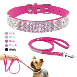Pink Black Bling Rhinestone Soft Suede Dog Collar & Lead Set Diamante for Yorkie - Picture 1 of 17