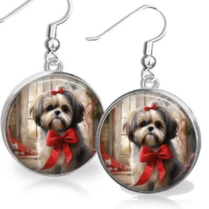 Christmas Red Bow Shih Tzu Puppy Dog Mom Gift .925 Dangle Holiday Earrings - Picture 1 of 3