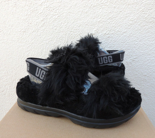 SANDALI SLIDE PANTOFOLE UGG NERO FLUFF ZUCCHERO PELLICCIA SINTETICA DONNA US 10 EUR 41 ~NUOVI
