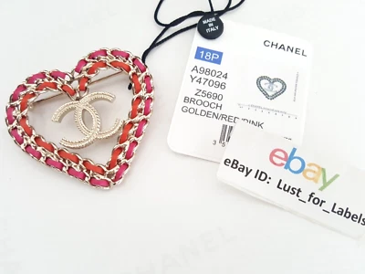 CHANEL VALENTINES красный розовый кожаный сердце золотая цепочка CC брошь заколка новый с Ярлыками 2018 AUTH - Изображение 1 из 4