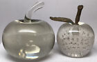 Two Vintage Clear Glass Apple Paperweights One W/Bubbles & Brass  One All Glass
