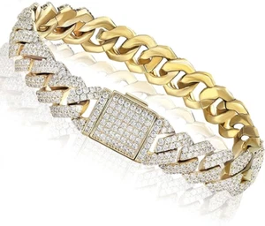 Bracciale Hip Hop 12mm Iced Zirconi Out Maglia Cubana Bracciale Acciaio Inox Oro 14K - Foto 1 di 14