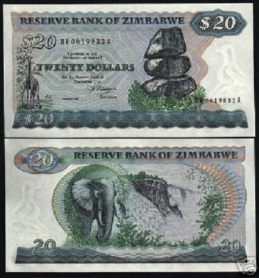 ZIMBABWE 20 DOLLARS P-4 1983 *DW* REPLACEMENT GIRAFFE ELEPHANT UNC RHODESIA NOTE - Image 1 of 4