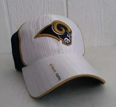 St. Louis Rams Reebok Football Ball Trucker Cap Strap Back White Pinstripe Navy Cover