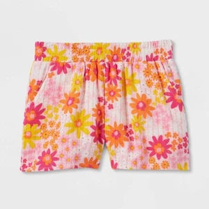 Girls' Floral Pull-on Shorts - Cat & Jack™ Pink Yellow Orange Sparkle Flower XS - Picture 1 of 6
