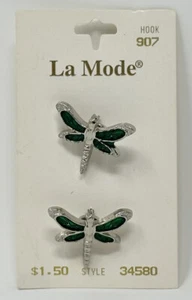 Vintage La Mode Buttons Hand Painted Pack of 2 Green Silver Fireflies 1” Taiwan - Picture 1 of 2