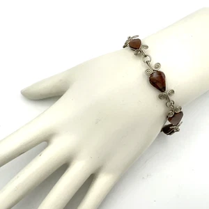 WIRE-WRAPPED jasper bracelet - 7.75" reddish brown stone artisan fancy scrolls - Picture 1 of 6