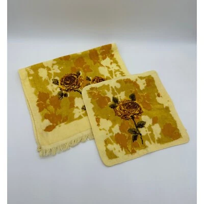 Juego de toalla de mano vintage cañón rosa amarilla flecos de algodón EE. UU. baño años 70 Foto 1 de 4