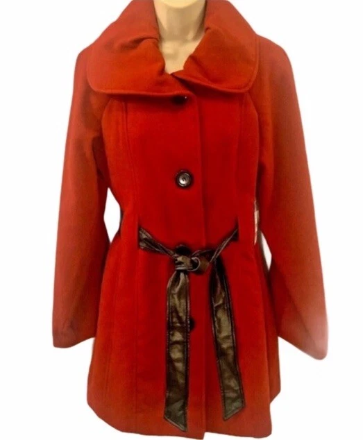 Novo com etiquetas Casaco Feminino George Pea Vermelho Preto M 8-10 Couro Sintético Cinto Preto Botão para Cima - Imagem 1 de 4