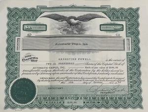 Vintage 1962 Stock Certificate Automatic Tripod Inc. / 2 Shares je 100 $ RAR - Bild 1 von 6