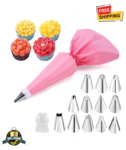 12pcs Pink Flower Icing Piping Bags Set w/ Nozzles - DIY Cake Decorating - Picture 1 of 8