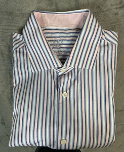 Bugatchi Herren Hemd mit Knopfleiste Größe 17,5 Löwen Logos rosa gestreift französische Manschette - Bild 1 von 12