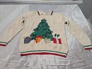 Cream Vintage Marisa Christina Knit Collar Christmas tree Shoulder Pad Sweater - Picture 1 of 9