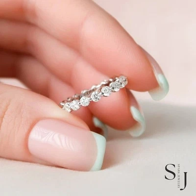 1.50 CT Round Cut Eternity F/VVS1 Moissanite Wedding Band Solid 14K White Gold - Image 1 of 4