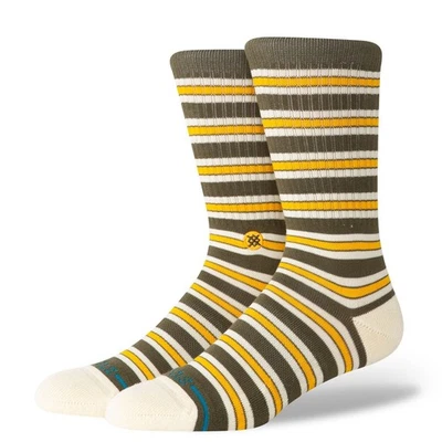 STANCE OLLIE CREW SOCKS.OLIVE GREEN MULTI STRIPED PATTERN CUSHION UK 6 - 13 W25