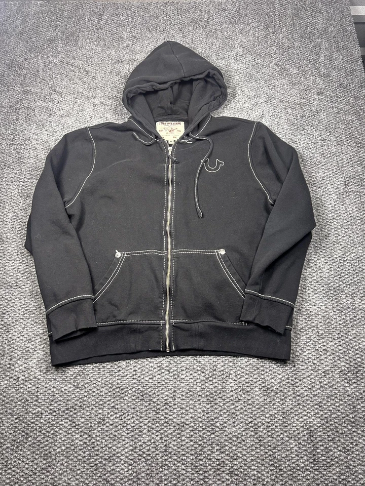 True Religion Hoodie Mens 2XL Black Full Zip Sweatshirt Contrast Stitch Buddha - Image 1 of 4