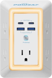 Multi Plug Outlet Surge Protector - 5 Outlet Extender with 4 USB Ports(2 USB-C - Picture 1 of 7