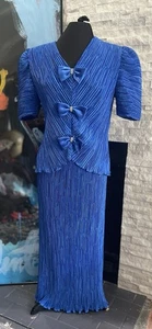 VTG Karen Laurence Crinkle Blue 2 Piece Long Skirt Jacket Set Formal Size 14 - Picture 1 of 15